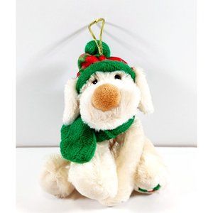 Hugfun Christmas Dog Plush Ornament Beige w/Green Red Hat Scarf 6"